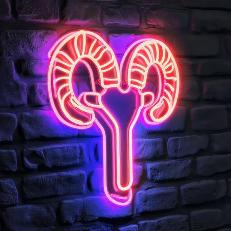 Neon Aries Ram Sign Glowing. Vibrant Neon Zodiac Symbol Against a Textured Brick Wall Backdropの素材