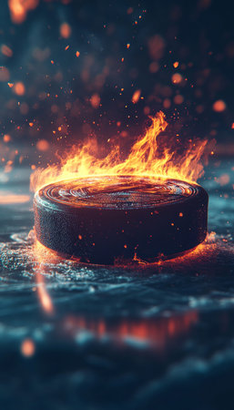 Flaming Ice Hockey Puck on Reflecting Surface, Burning With Passionate Intensity on Dark Background.の素材