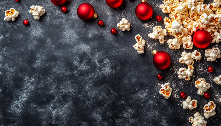 Festive Background, Christmas Ornaments, And Popcorn Scattered On Dark Background With Copy Spaceの素材