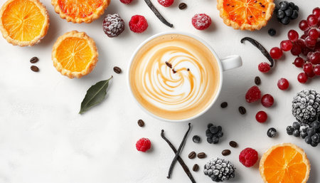 Cup of Coffee with Vanilla Swirl, Berries, Citrus Fruits and Vanilla Pods on White Marbleの素材