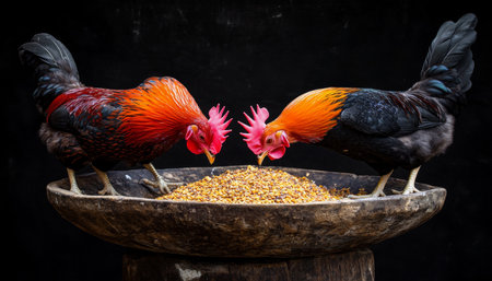 Two Vibrant Roosters Sharing a Meal A Colorful Display of Natures Beauty and Harmonyの素材