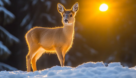 Roe Deer, Capreolus Capreolus, Fawn Standing on Snow in Sunlight, Winter Wildlife Sceneの素材