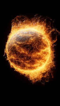 Fiery Planet Earth Enveloped in Blazing Orange and Yellow Flames Against a Black Backgroundの素材