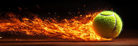 Tennis Ball In Fiery Motion A Vibrant Image Of Sport And Energy With A Black Backgroundの素材