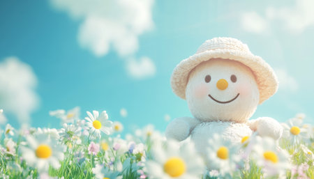 Smiling Stuffed Snowman Toy in the Meadow with Blooming Flowers Spring Has Arrived Concept.の素材