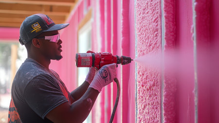 Construction Worker Installs Spray Foam Insulation On Walls Of Building Under Constructionの素材