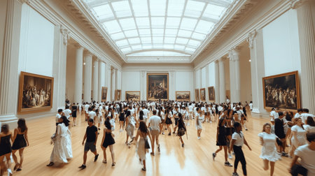 Immersive Gallery Tour Visitors Exploring Collection of Historical Paintings in Grand Museumの素材