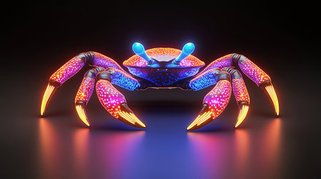 Neon Lit Crab Vibrant, Backlit Illustration With Bioluminescent Details and Reflective Surface.の素材
