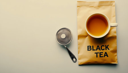 Classic Tea Time Essentials Kraft Pouch, Steaming Cup, and Strainer on White Backgroundの素材