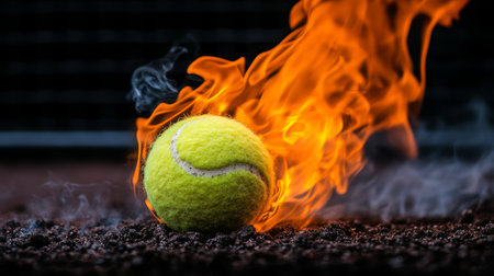 Burning Tennis Ball Close-Up of a Tennis Ball Engulfed in Flames, Smoke Billowing, Sport, Fireの素材