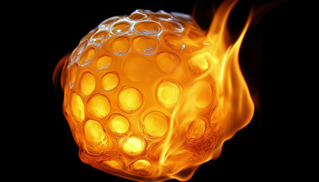 Burning Golf Ball Melted And Engulfed In Flames With Glowing Dimples On Black Backgroundの素材