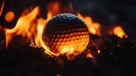 Burning Golf Ball A Close-Up View of a Golf Ball Engulfed in Fiery Flames of Destructionの素材