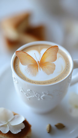 Butterfly Latte Art and cardamom in a quaint tea shop, with delicate cakes in the background.の素材