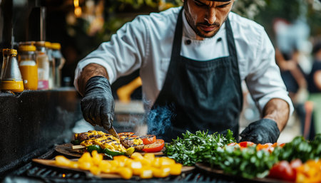 Chef in Black Apron Grilling Skewers of Chicken and Vegetables for Outdoor Garden Partyの素材