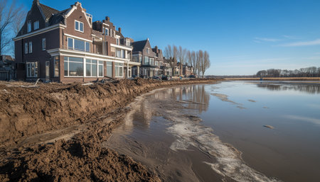 Modern houses in a new residential building area next to mud and polluted brown water.の素材