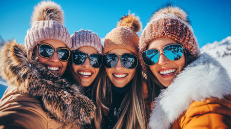 Happy Friends Enjoying Winter Fun, Snowy Mountain Adventure, Winter Fashion, Stylish Womenの素材
