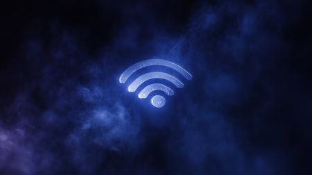 Glowing wifi symbol on dark, smoky background Perfect for technology, connectivity conceptsの素材