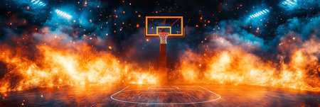 Basketball Court on Fire, Burning Basketball Hoop in a Dark Gym with Smoke, Sports Intensity Conceptの素材