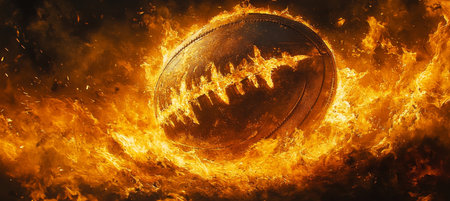 Fiery Football Engulfed in Intense Flames Against a Black Background, Perfect for Sports Imageryの素材