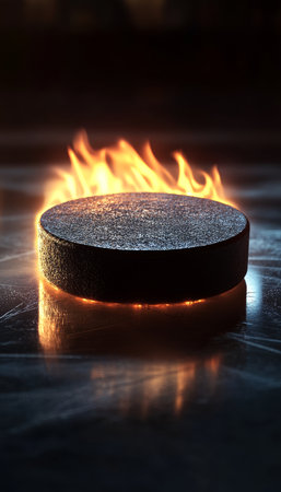 Burning Passion Close-up of Hockey Puck Engulfed in Vibrant Flames Against Dark Backgroundの素材