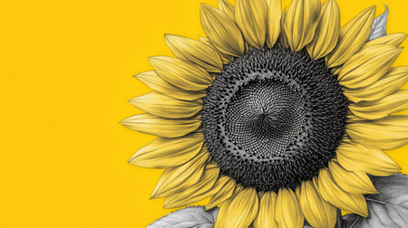 Close Up of a Common Sunflower with Hand-Drawn, Detailed Look on Vibrant Yellow Backgroundの素材