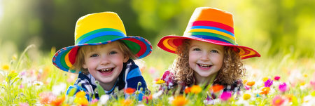 Two Adorable Children, Wearing Colorful Hats, Smile Brightly While Playing in a Field of Flowersの素材