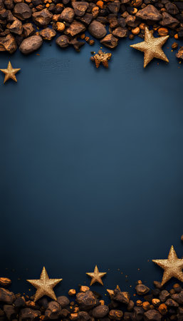Christmas And New Year Festive Blue Background Design With Golden Stars And Brown Pebblesの素材