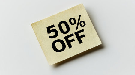 Beige Sticky Note with 50 Off Text on White Background, Minimalist Discount Conceptの素材