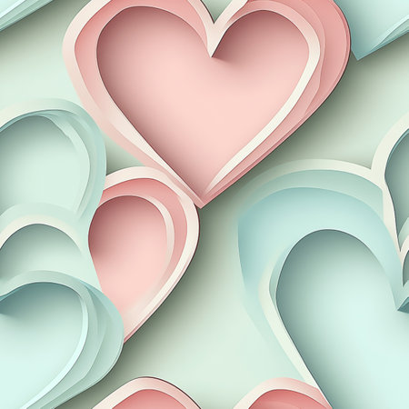 Seamless Pattern, Overlapping Hearts, Soft Mint, Baby Blue, Rosy Pink, Modern Valentines Day Decorの素材