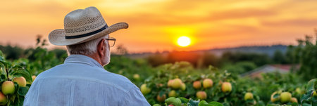 Golden Hour in the Orchard Senior Farmer Admiring his Bountiful Apple Harvest at Sunsetの素材