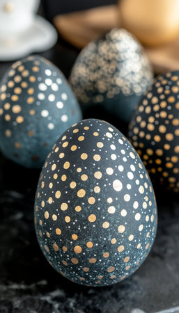 Decorated Black And Siver Easter Eggs With Polka Dot Patterns On A Black Background,の素材