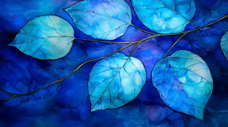 Abstract Watercolor Painting with Blue Leaves on Branches, Background or Banner Designの素材