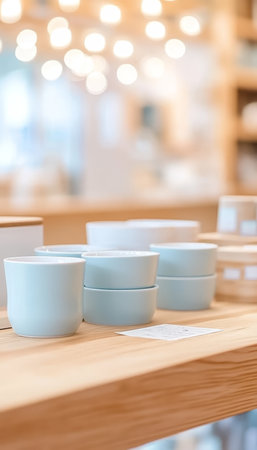 Minimalist Stack of Ceramic Teacups Bowls Kitchenware on Wooden Shelf, Cozy Cafe Interior Designの素材