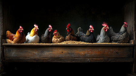 Colorful Barnyard Gathering Chickens of Various Breeds Sharing a Meal from a Rustic Troughの素材