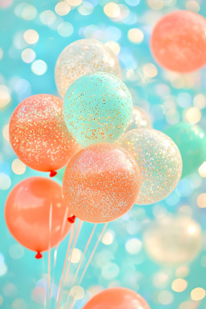 Festive Celebration A Collection of Orange and Teal Balloons Against a Dreamy Bokeh Backgroundの素材