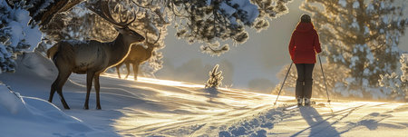 Solitary Skier Embraces the Serenity of a Winter Wonderland with Majestic Deer in the Backgroundの素材