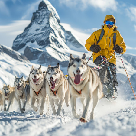 Arctic Adventure Dog Sledding Expedition With Husky Team Through Snowy Mountainous Wonderland.の素材