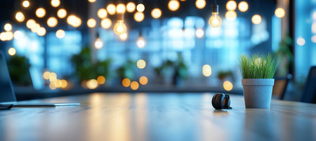 Abstract Blurred Coworking Space Interior, Wooden Desk in Focus with Plant and Headphonesの素材