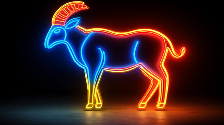 Neon Capricorn Zodiac Sign Vibrant Neon Illumination Against a Dark Background, Astrology Conceptの素材