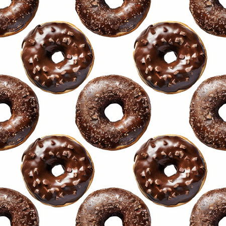 Seamless Pattern Of Delicious Chocolate Iced Donuts On A White Background, Sweet Bakery Temptationの素材