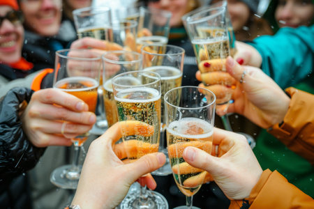 Cheers to Winter Fun, Group of Friends Celebrating with Sparkling Wine on Snowy Slopesの素材