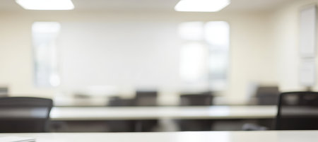 Blurred background of modern office workspace, bright and airy with minimalistic light interior,の素材
