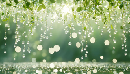 Sunbeams Through Fresh Greenery Tranquil Rainy Day in Nature. Lush, Young Green Foliage Glistens.の素材