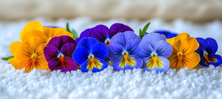 Colorful Pansies On Snow Vibrant Yellow, Purple, And Blue Flowers Rest On A Bed Of Fresh Snow.の素材