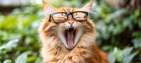 Close-Up of Yawning, Fluffy Ginger Cat Wearing Black Eyeglasses, Enjoying Time Outdoors.の素材