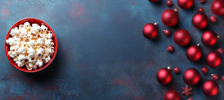 Red Christmas Ornaments Forming Frame With Bowl of Popcorn on Vintage Blue Backgroundの素材