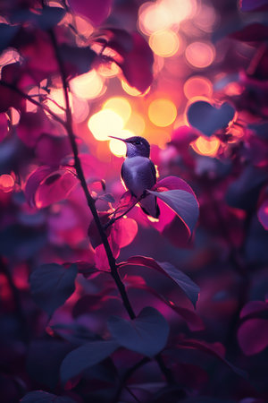 Hummingbird in Twilight Garden, Tranquil Nature Scene with Beautiful Bokeh and Soft Pastel Colorsの素材