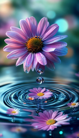 Spring Blooms Mirrored on Blue Water A Tranquil Scene with Shimmering Ripples and Delicate Petalsの素材