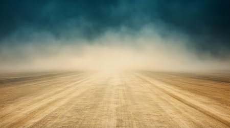 Dusty Desert Road Vanishing Point, Endless Dirt Road, Desert Landscape Under Dramatic Skyの素材