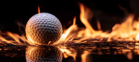 Burning Passion. Close-Up of White Golf Ball Engulfed in Fiery Flames, Illuminating Dimples.の素材